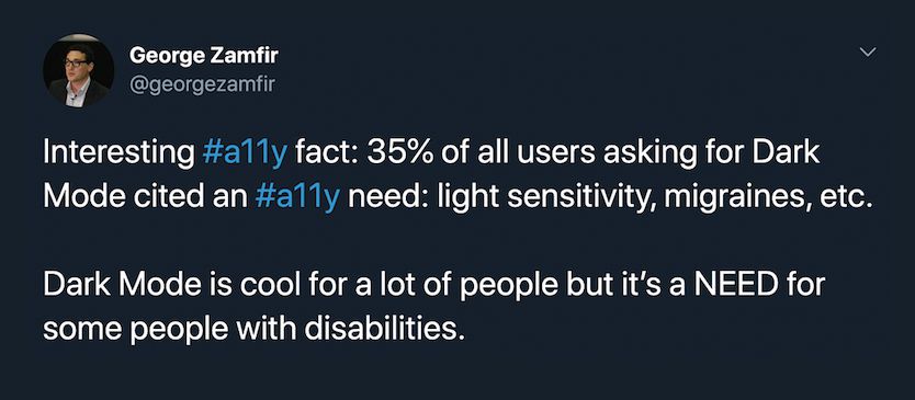 35% of Slack users wanting dark mode, need it for health reasons George Zamfir, Slack Accessibility, Tweet Screenshot