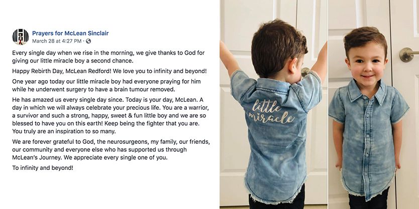 McLean and family celebrate one year anniversary of tumor Facebook post of one-year anniversary of McLean's tumor