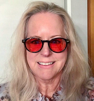 Michelle Wearing indoor TheraSpecs, Keaton frame