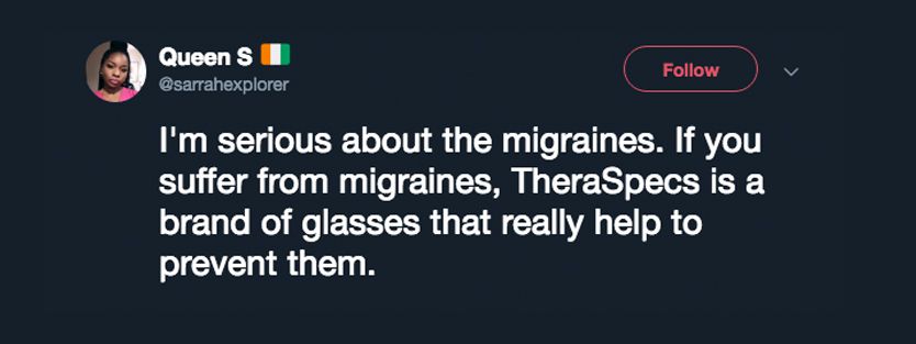 Sarrah tweet supporting TheraSpecs