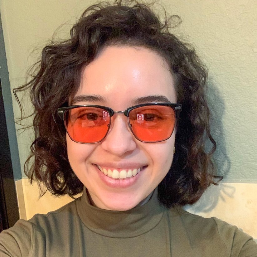 Savannah wearing indoor TheraSpecs, Winslow (black) frame