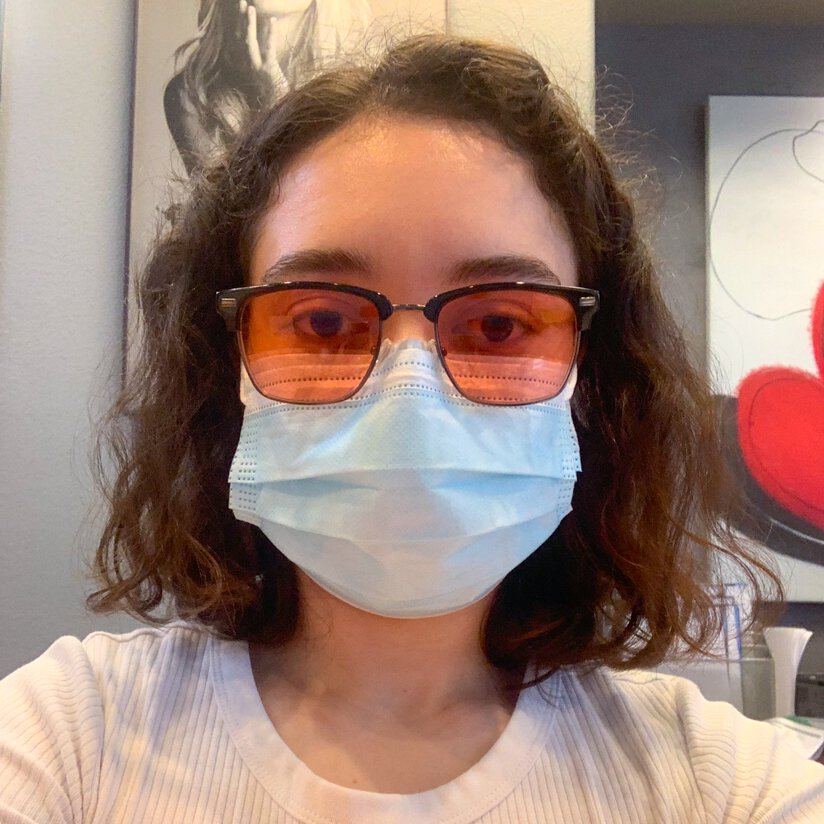 Savannah wearing indoor TheraSpecs, Winslow (black) frame, with face mask Savannah wearing indoor TheraSpecs, Winslow (black) frame, with face mask