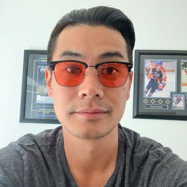 Sean wearing indoor Winslow TheraSpecs blue light glasses