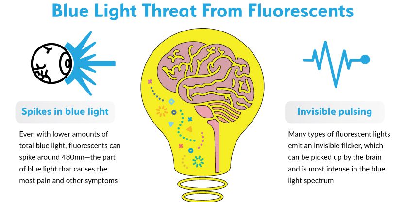 Blue light at specific wavelengths and nonvisual flicker are biggest threats from fluorescent light Infographic showing two threats of fluorescent light, blue light and flicker