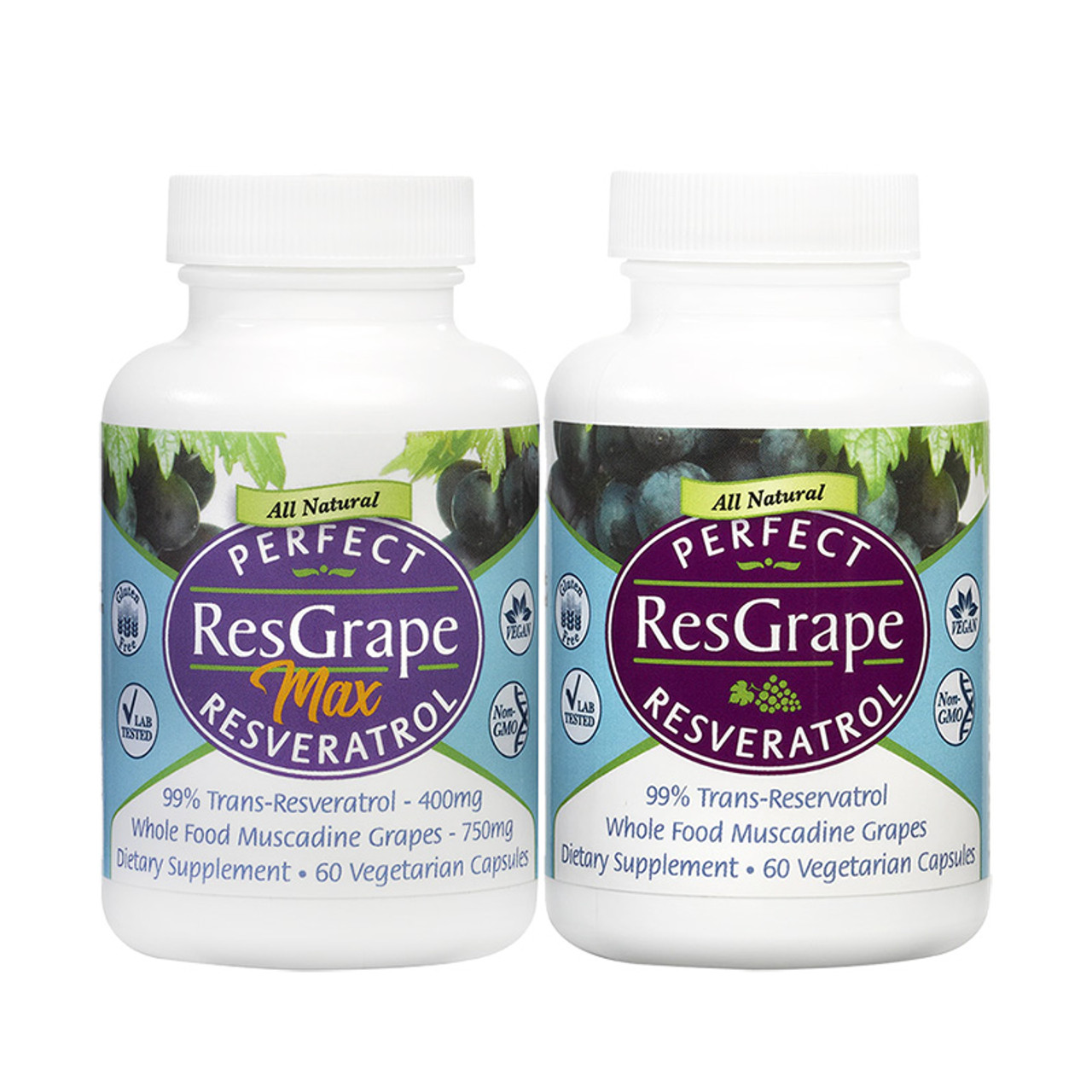 Front view of a bottle of ResGrape and ResGrape Max  resveratrol from Perfect Supplements.