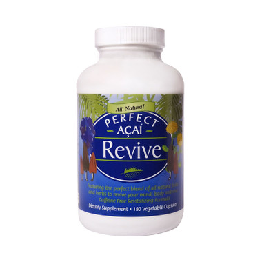 View of the front of a bottle of Perfect Revive from Perfect Supplements, with organic acai, wild-crafted rhodiola rosea, and cordyceps grown in the USA.
