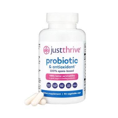 Front view of Just Thrive Probiotic bottle 90 Count Capsules.