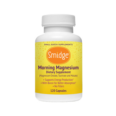 Picture of the front of a bottle of Smidge Morning Magnesium, previously Wake Up Maggie from Organic3.