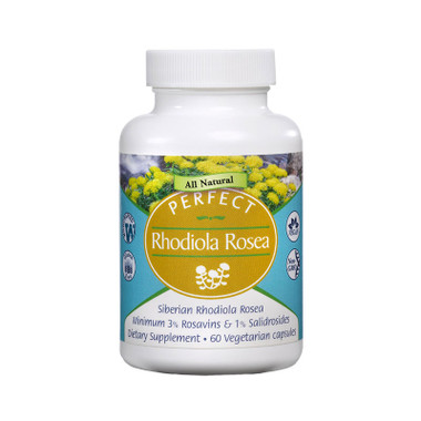Front view of a bottle of Perfect Rhodiola Rosea from Perfect Supplements.
