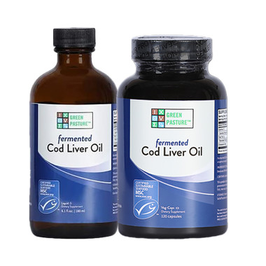 Front view of a capsules and bottle of Blue Ice Non flavored Green Pasture Cod Liver Oil.