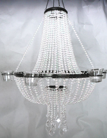 Empire Chandelier Crystal Ball Chain With Candle Votives On Sides.