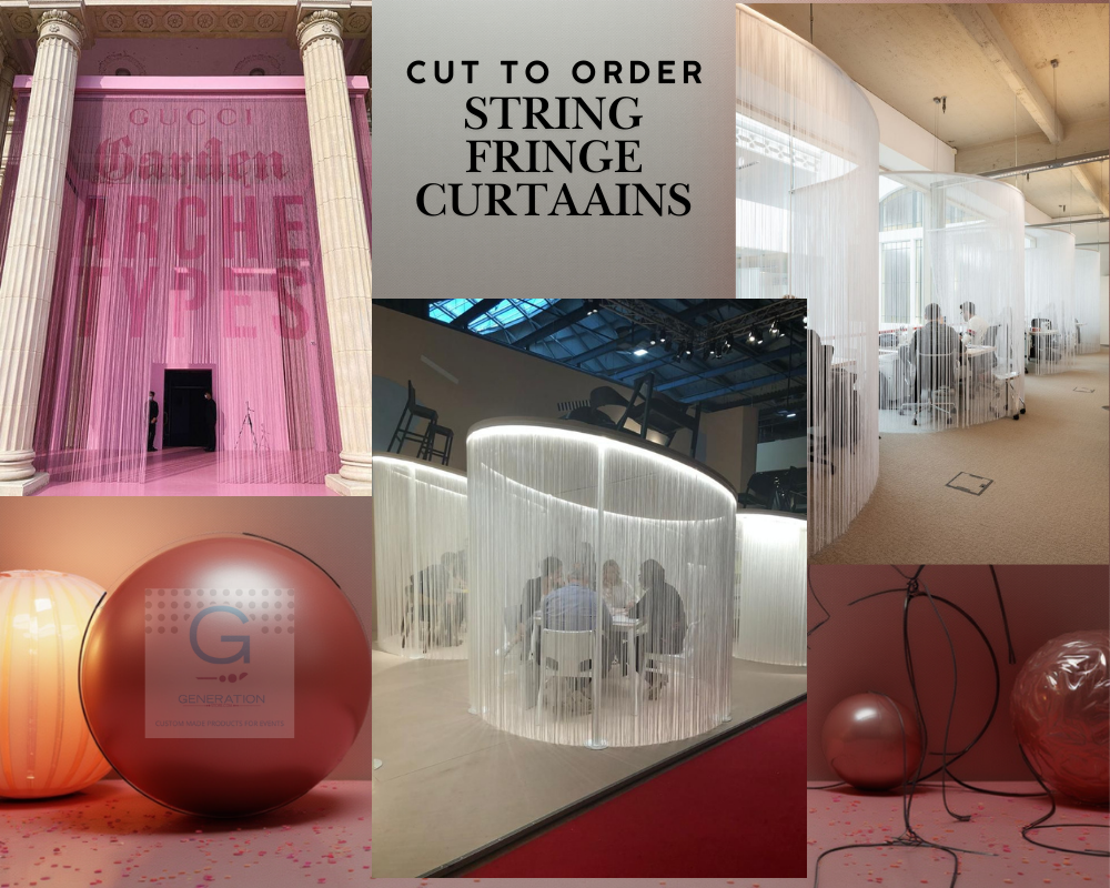Cut-to-Order String Fringe Curtains for Modern Event & Interior Design A collage showcasing custom cut-to-order string fringe curtains used in luxury event and interior design settings, including modern curved meeting spaces, tall architectural entrances, and creative display installations. The text overlay promotes custom sizing for string fringe curtains available from GenerationStore.