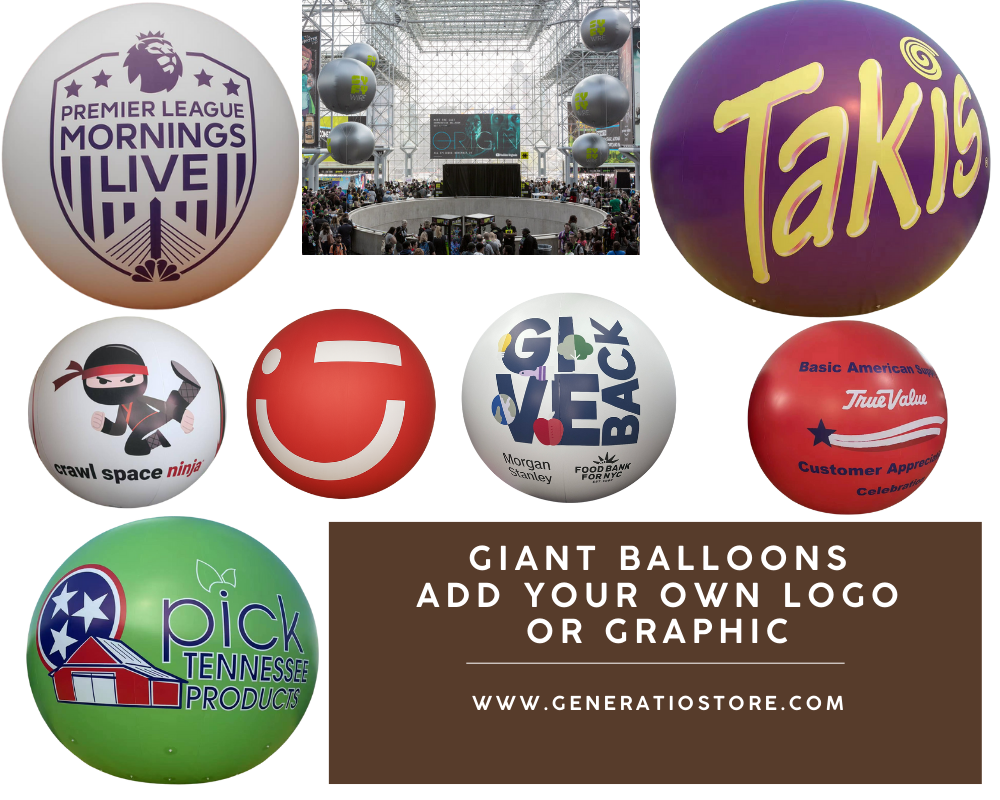 A collage showcasing giant inflatable balloons customized with logos and graphics for events and brand activations. The image features multiple oversized round balloons in different colors&mdash;white, gray, purple, red, and green&mdash;printed with bold branding, icons, and text. At the bottom, a banner reads &ldquo;GIANT BALLOONS &mdash; ADD YOUR OWN LOGO OR GRAPHIC&rdquo; with GenerationStore.com, highlighting custom printing options for promotional displays, trade shows, festivals, and corporate events.