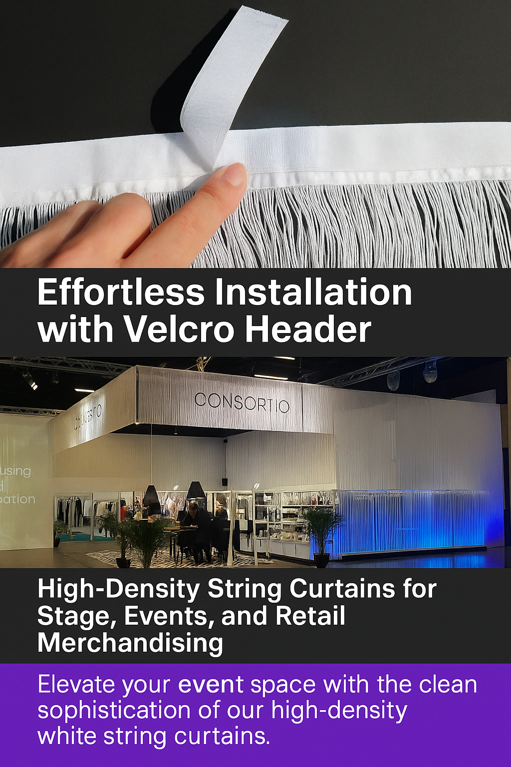 Discover our high-density white string curtain with Velcro top header—custom-cut, optional flame retardant, and perfect for events, stages, and visual displays.