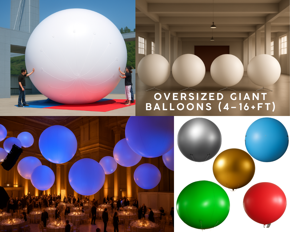 Oversized Giant Balloons (4–16 ft) Oversized giant balloons from 4 to 16 feet in diameter for events, promotions, weddings, and displays. Durable, made to order, with logo options and free shipping.
