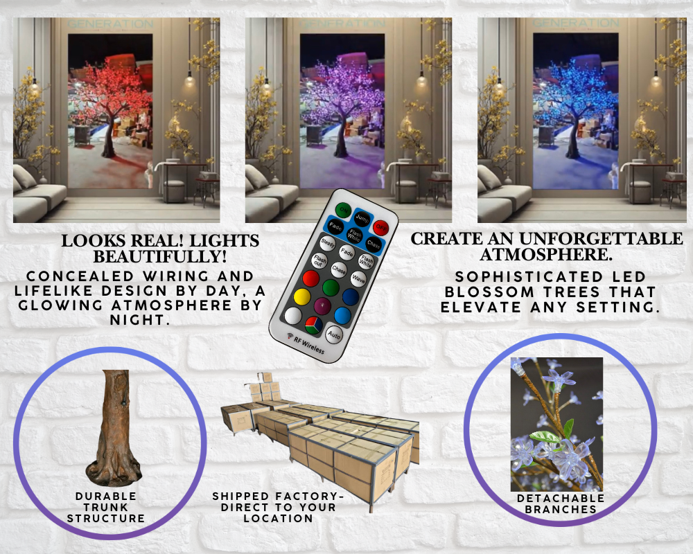 Color-Changing Decorative LED Trees for Events, Weddings & Commercial Spaces Our LED Cherry Blossom Trees transform any space with color-changing light and elegant blossom details. Perfect for weddings, events, venues, and immersive displays.