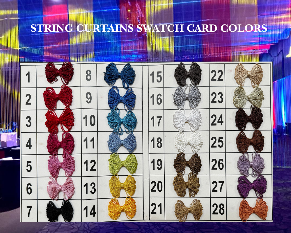 String Curtains Swatch card colors String curtainString curtains swatch upto 28 difentet colors to choose froms are available in up to 28 different colors for you to choose from.