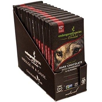 Endangered Species Chocolate All-Natural, Wolf, Dark Chocolate with Cranberries & Almonds, 3.0 oz. Bar (12 Count)