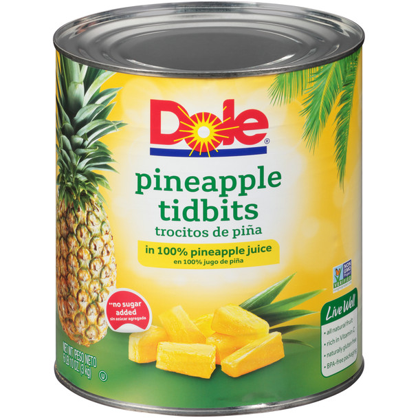 Dole, Pineapple Tidbits in 100% Pineapple Juice, #10 can, 100 oz. (6 count)