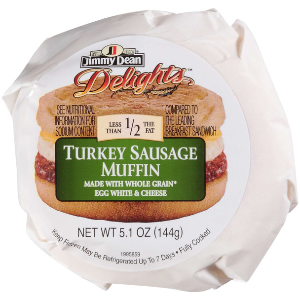 Jimmy Dean Delights, Individually Wrapped Fully Cooked Turkey Sausage on a  Whole Grain English Muffin, 5.1 Oz. (12 Count)