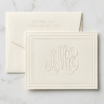 Embossed Stationery Classic Frame Monogrammed Fold Notes - Bordered Note Cards (EG5050) 
(Shown with Font L123 on ivory paper)