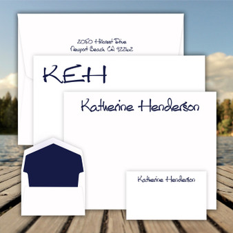 150 Piece Somerset Stationery Set - 3 Flat Card Sizes - Raised Ink Stationery (EG1099) (Shown with font L01 with navy ink)