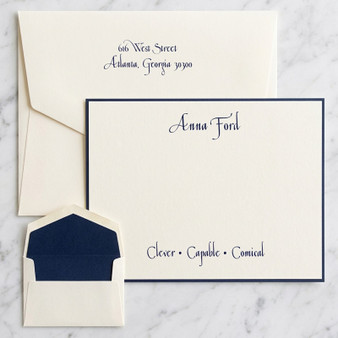 Casual Personalized Stationery - Raised Ink Flat Cards | StationeryXpress.com (EG7094) (Shown with font L90 on ivory paper, navy raised ink with an optional navy border and navy liners)
