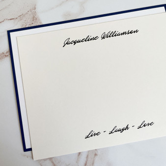 Paradise Personalized Flat Cards - White paper with blue border in back - Ivory Paper, Black Ink, Font L86 in front - EG7102 Paradise Personalized Flat Cards - White paper with blue border in back - Ivory Paper, Black Ink, Font L86 in front - EG7102