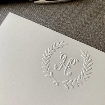 Wreath Leaf Initial Flat Cards - Embossed Stationery (EG3425) - Close Up Wreath Leaf Initial Flat Cards - Embossed Stationery (EG3425) - Close Up