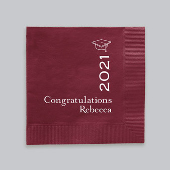Congratulations Graduate Vertical Year Personalized Napkins - Foil Pressed - 100/Set - (NX149) - Sample of Font L94 on Wine Napkin With White Foil - StationeryXpress.com