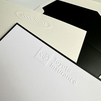 Your Logo Embossed on Flat Cards (4.8” x 7”) - Close up of White and Ivory Paper, black border, additional printing and black envelope liners - EG5066 - StationeryXpress.com Your Logo Embossed on Flat Cards (4.8” x 7”) - Close up of White and Ivory Paper, black border, additional printing and black envelope liners - EG5066 - StationeryXpress.com