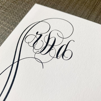 Ariel Monogrammed Oversized Flat Cards - Close Up Example (Black Raised Ink on white paper) Ariel Monogrammed Oversized Flat Cards - Close Up Example (Black Raised Ink on white paper)
