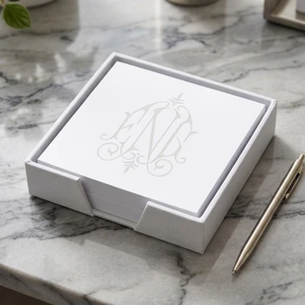 Henry Watercolor Monogrammed Memo Square - White with White Linen Holder EG7073 StationeryXpress.com