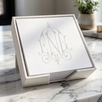 Henry Watercolor Monogrammed Memo Square - White with White Linen Holder EG7073