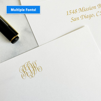 Del Mar Monogrammed Personalized Flat Cards - Flat Ink Stationery - EGD3410 Multiple Fonts - StationeryXpress.com (Shown with font L123 and gold ink)