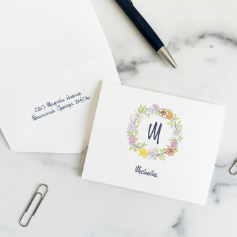 Flower Wreath Fold Notes - Flat Ink Stationery - EGD7013 at StationeryXpress.com (Shown with font L01)
