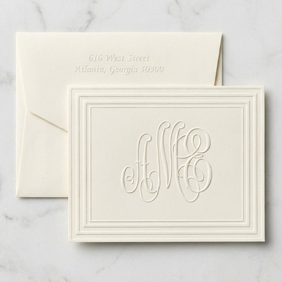 Embossed Stationery Classic Frame Monogrammed Fold Notes - Bordered Note Cards (EG5050) 
(Shown with Font L123 on ivory paper)