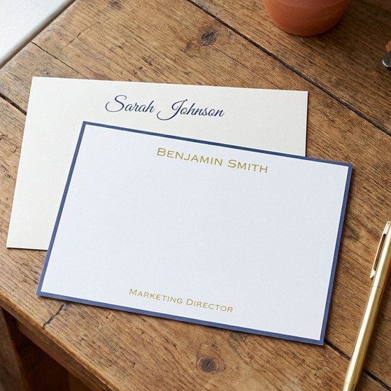Professional Personalized Flat Cards - Raised Ink Stationery - Optional Border (EG7098)
(Back Row: Ivory Paper, Navy Raised Ink, Font L60)
(Front Row: White Paper, Gold Raised Ink, Font L70)