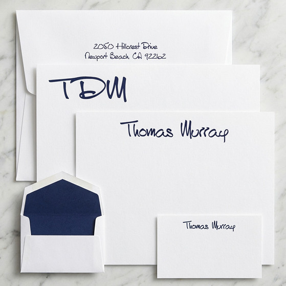 150 Piece Somerset Stationery Set - 3 Flat Card Sizes - Raised Ink Stationery (EG1099) (Shown with font L01 with navy ink)