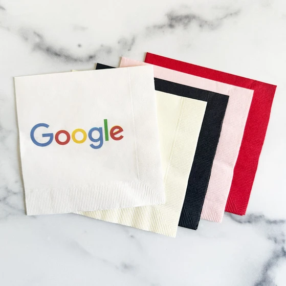 Your Logo Cocktail Beverage High Quality Napkins by StationeryXpress.com. Full-Color Printing or Foil-Stamped. (White, Ivory, Black, Classic Pink, and Red Napkins Shown)