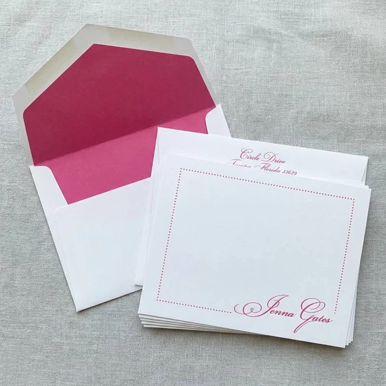  Script Flat Card Polka Dotted Border Raised Ink Stationery EG3271 StationeryXpress.com
(shown with optional fuchsia pink lined envelopes)