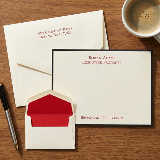 Manager Flat Cards - Raised Ink Stationery - Optional Border - EG7095 - StationeryXpress.com
(Pen not included, shown with red raised ink, optional black border, optional return addressed envelopes and optional Cherry Red Envelope Liners)