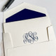 Del Mar Monogrammed Fold Notes - Shown with font L123, Navy Raised Ink, Navy Liners & Ivory paper. (StationeryXpress.com) (shown with font L123) Del Mar Monogrammed Fold Notes - Shown with font L123, Navy Raised Ink, Navy Liners & Ivory paper. (StationeryXpress.com) (shown with font L123)