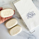 Classic Monogram Personalized Soap Set of 3 with White Guest Towels with Hand (shown with optional napkin holder) - Engraved - StationeryXpress.com