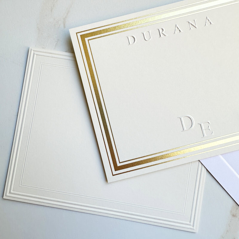 shop for an embossed flat card with a gold foil border at stationeryxpress
