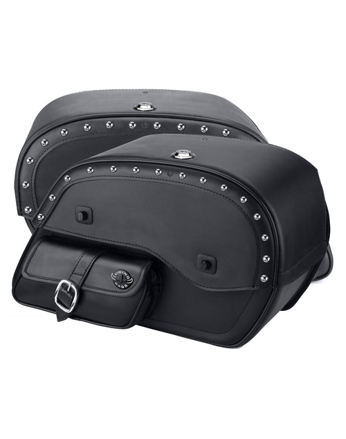 Viking Side Pocket Large Studded Leather Motorcycle Saddlebags for Harley Softail Springer FXSTS/I Both Bags View