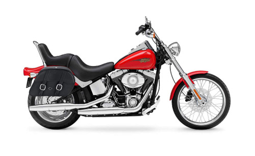 VikingBags Skarner Large Double Strap Leather Motorcycle Saddlebags For Harley Softail Custom FXSTC Bag on Bike View