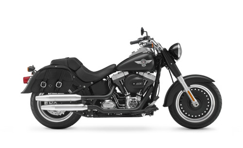 Viking Skarner Large Leather Motorcycle Saddlebags For Harley Softail Fat Boy Lo FLSTFB Bag On Bike View
