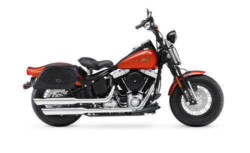 Viking Prospect Medium Leather Motorcycle Saddlebags For Harley Softail Cross Bones FLSTSB Bag on Bike view