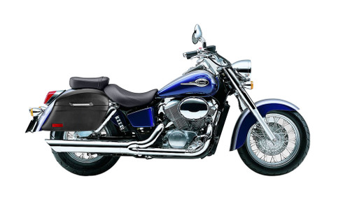 Honda 750 Shadow ACE Viking Lamellar Slanted Leather Covered Motorcycle Hard Saddlebags Bag On Bike View